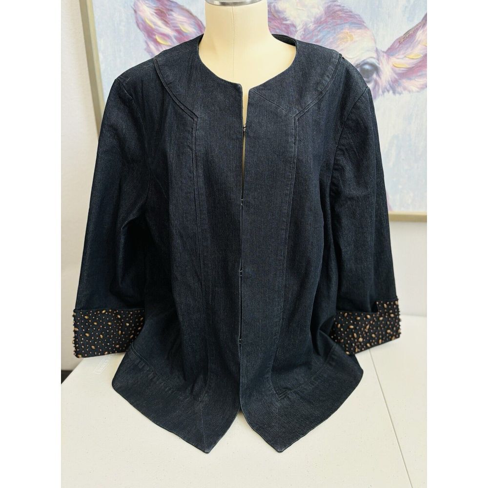 Focus 2000 Women's 22W Dark Wash‎ Denim 3/4 Beaded Sleeve Lined Jacket